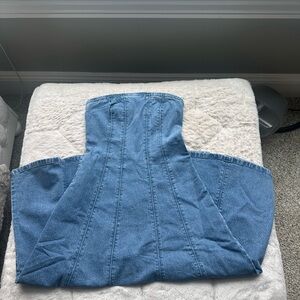 Denim strapless maxi flare dress